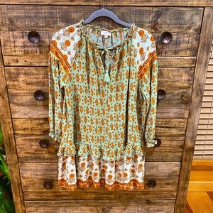 Umgee Long Sleeve Floral Dress - Green and Orange